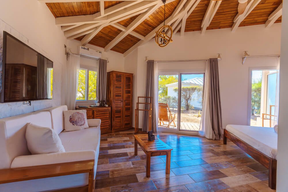A white couch positioned in a room