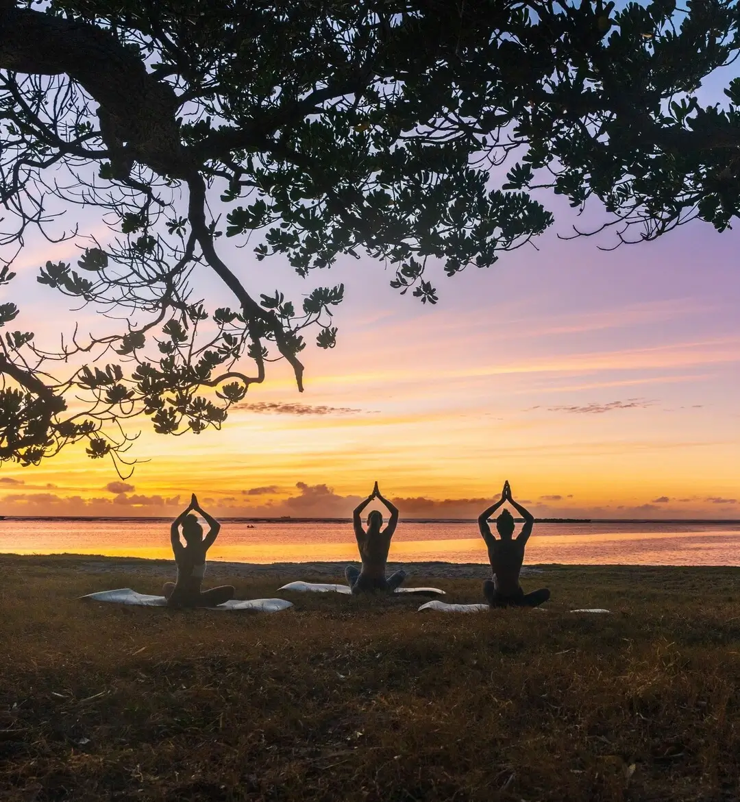 Three individuals practicing yoga on grass